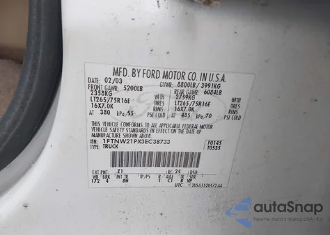 2003 Ford F-250 Lariat/Xl/Xlt from USA, damaged, VIN 1FTNW21PX3EC38733